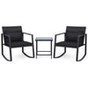 3-piece outdoor rocking bistro set with black cushions and tempered glass table, perfect for patio relaxation.