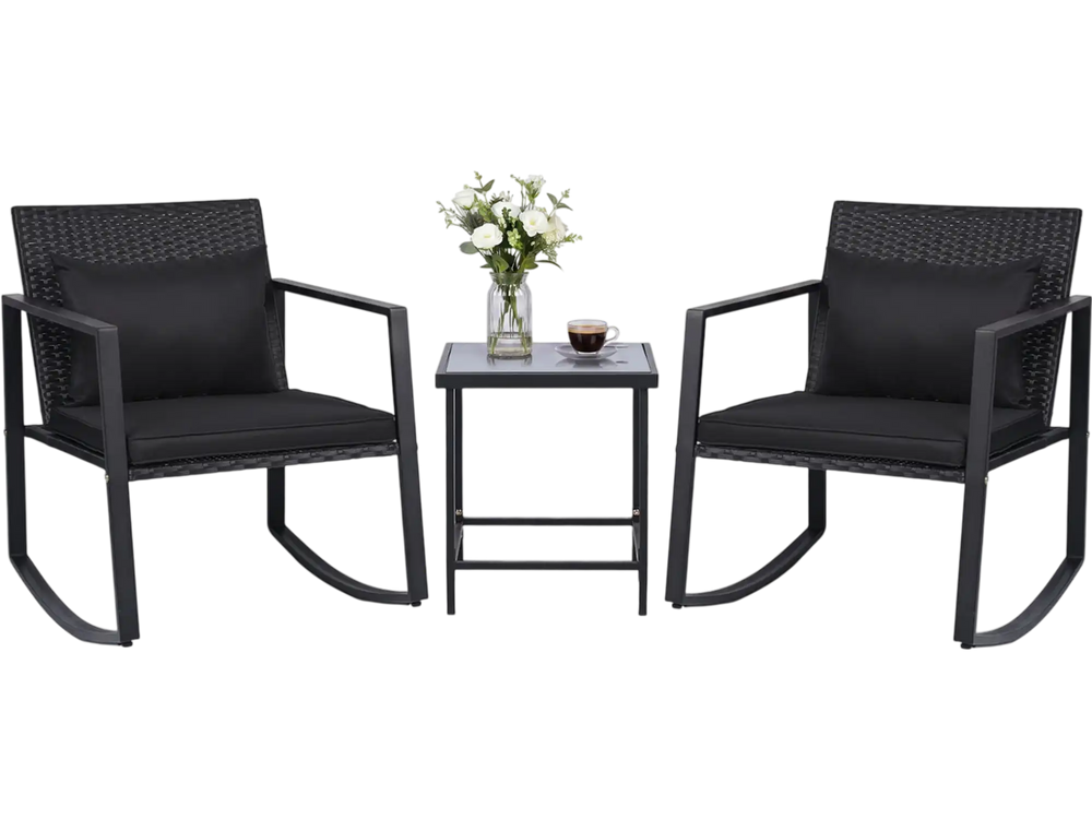 3-piece outdoor rocking bistro set featuring black wicker chairs with soft cushions and a tempered glass table for.