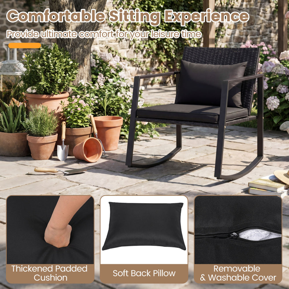Single rocking chair with thickened padded cushion and soft back pillow, perfect for outdoor patio relaxation.