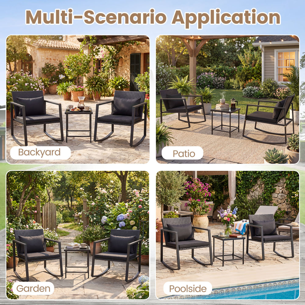 3-piece outdoor rocking bistro set with soft cushions and tempered glass table, ideal for patio, garden, or poolside.