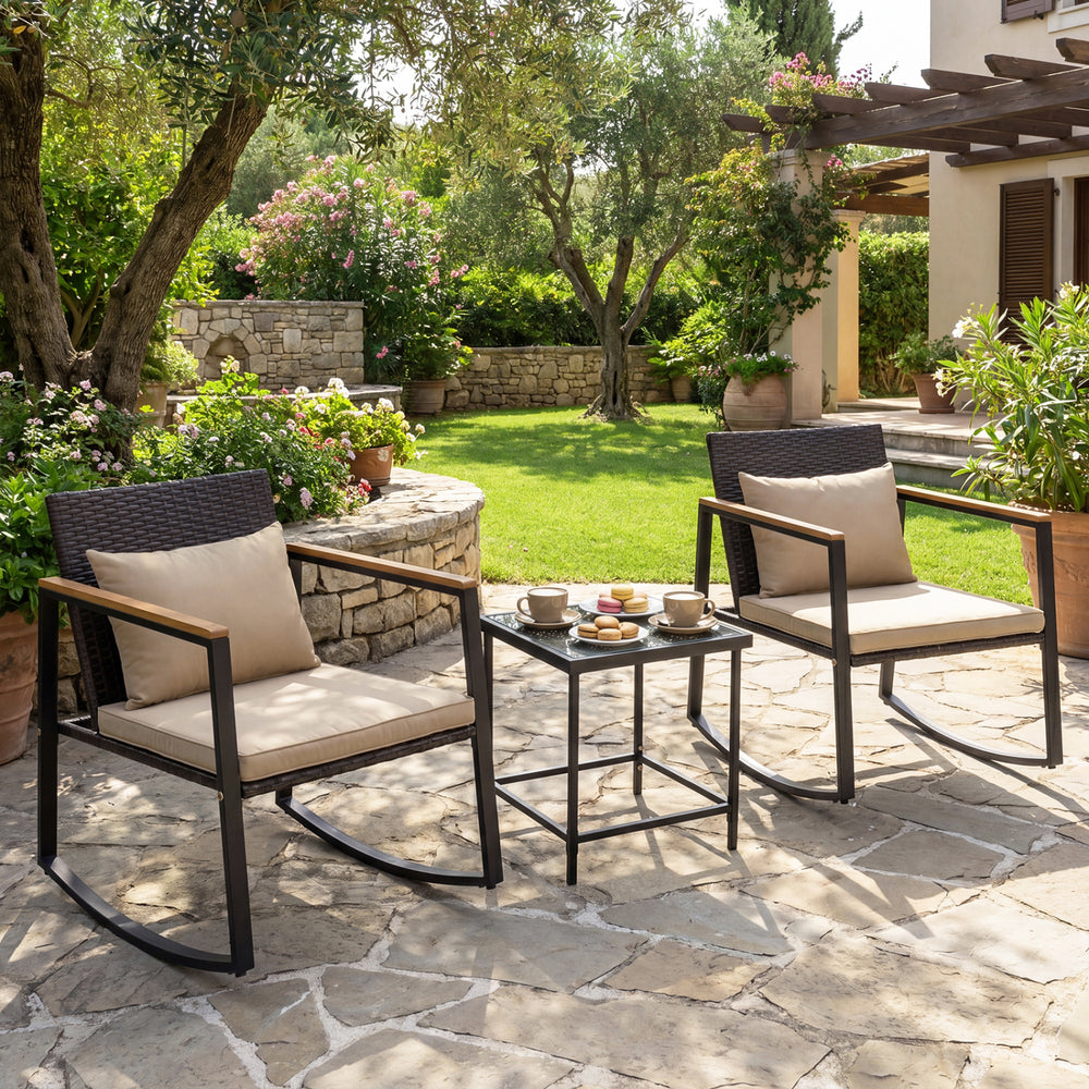 3-Piece Outdoor Rocking Bistro Set with Soft Cushions & Tempered Glass Table-Brown & Black - Gallery View 1 of 11
