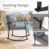 Gray rocking chair from a 3-piece outdoor set features a heavy-duty metal frame and plush cushions for ultimate comfort.