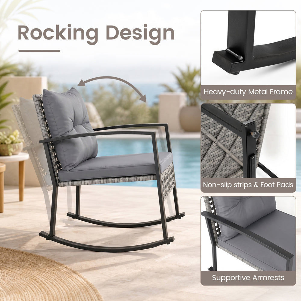 Gray rocking chair from a 3-piece outdoor set features a heavy-duty metal frame and plush cushions for ultimate comfort.