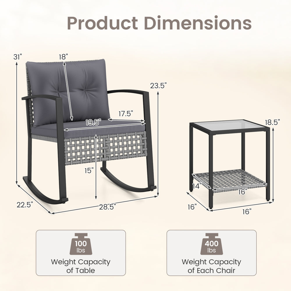 Dimensions of the 3-piece outdoor rocking chair set with gray cushions and a glass-top table for garden relaxation.