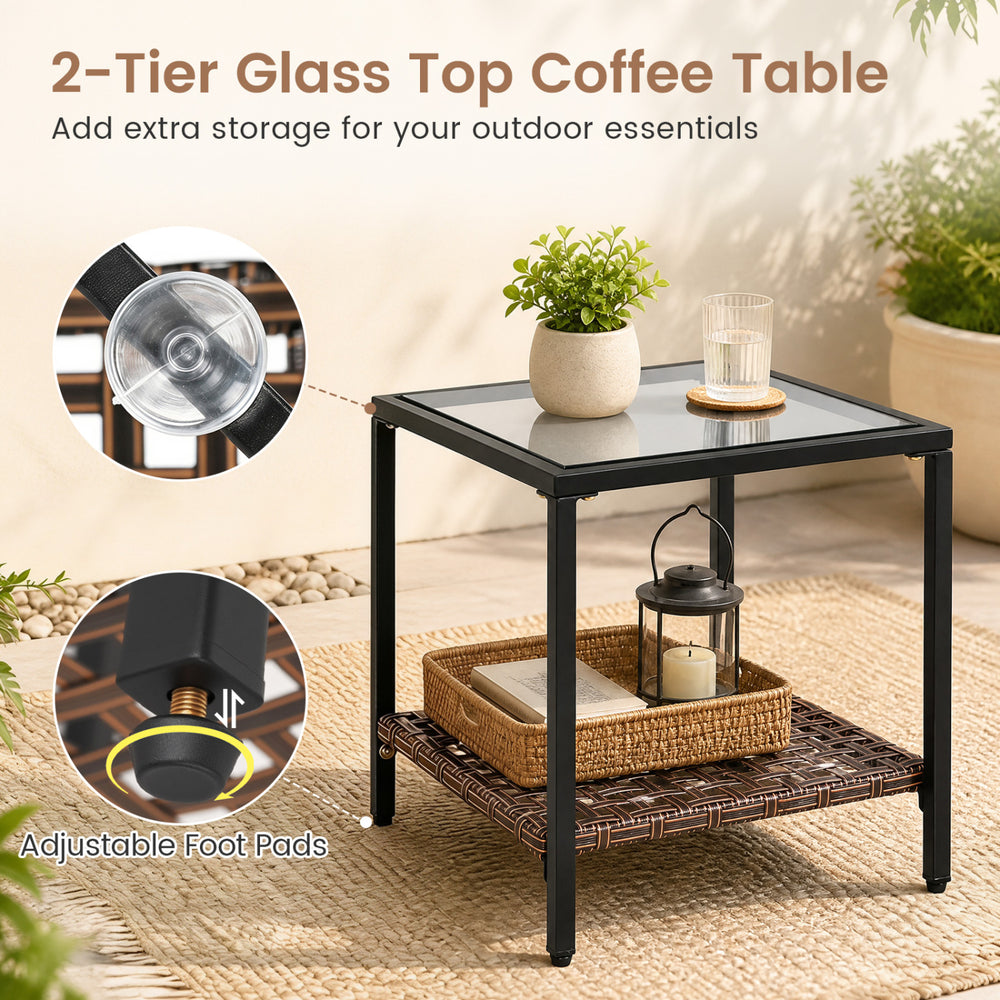 2-tier glass top coffee table with adjustable foot pads and storage for outdoor essentials in a stylish brown finish.