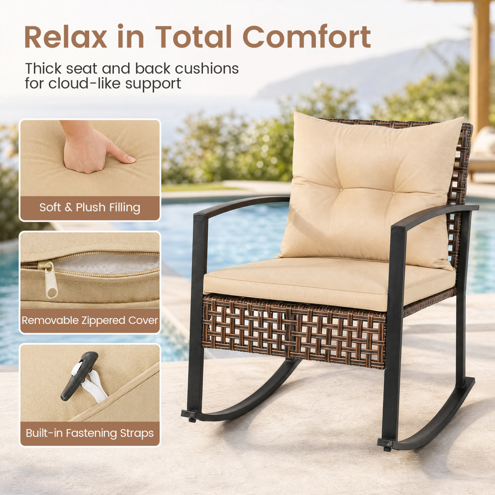 Outdoor rocking chair with thick cushions, premium PE rattan, and a gentle rocking design for ultimate comfort.