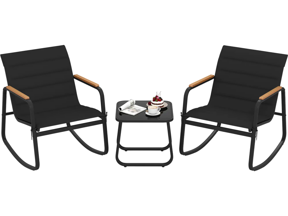 Two black rocking chairs with cushions and a tempered glass top table, perfect for outdoor porch or patio relaxation.