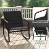 Black rocking chair from the 3 Piece Outdoor Rocking Bistro Set features wood-plastic armrests and a robust metal frame.