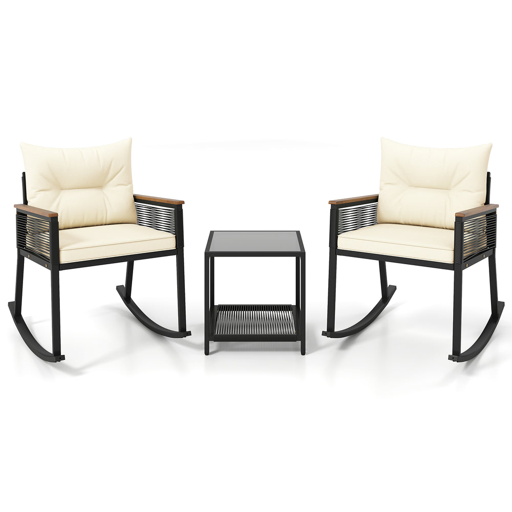 3-piece outdoor rocking bistro set with cream cushions, black PE rattan, and a tempered glass top coffee table for.