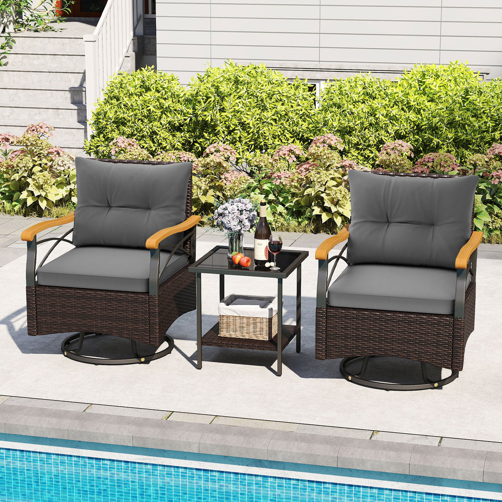 3 Piece Outdoor Swivel Chair Set with Tempered Glass Side Table-Gray - Gallery View 1 of 10
