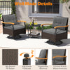 Outdoor swivel chair set featuring gray cushions, PE rattan, and acacia wood armrests, perfect for backyard relaxation.