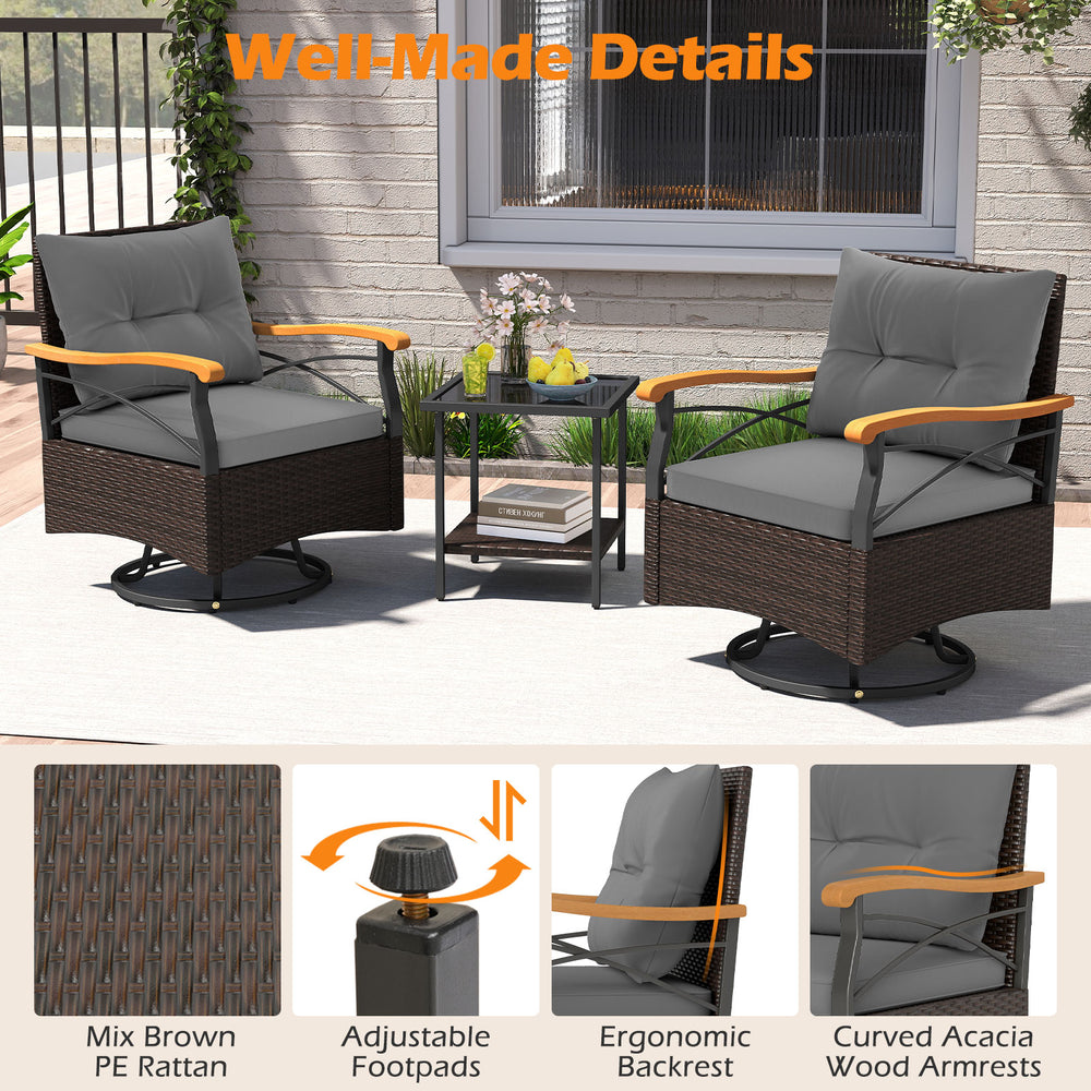 Outdoor swivel chair set featuring gray cushions, PE rattan, and acacia wood armrests, perfect for backyard relaxation.