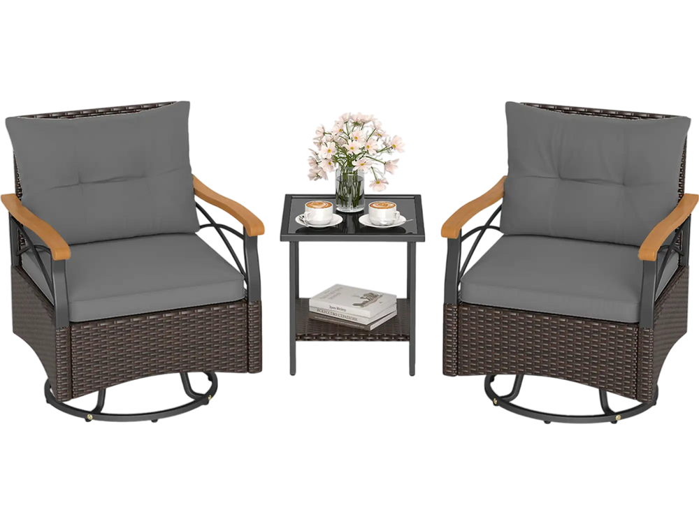 Two gray swivel chairs with acacia wood armrests and a tempered glass side table for outdoor relaxation.