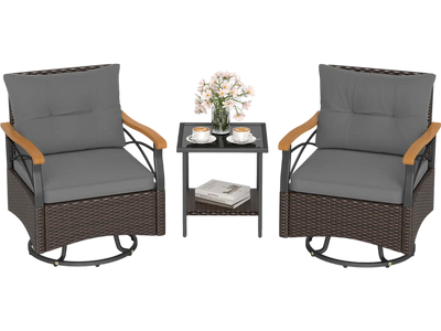 Costway 3-Pc Outdoor Swivel Chair Patio Set w/ Tempered Glass Side Table 249167853 New