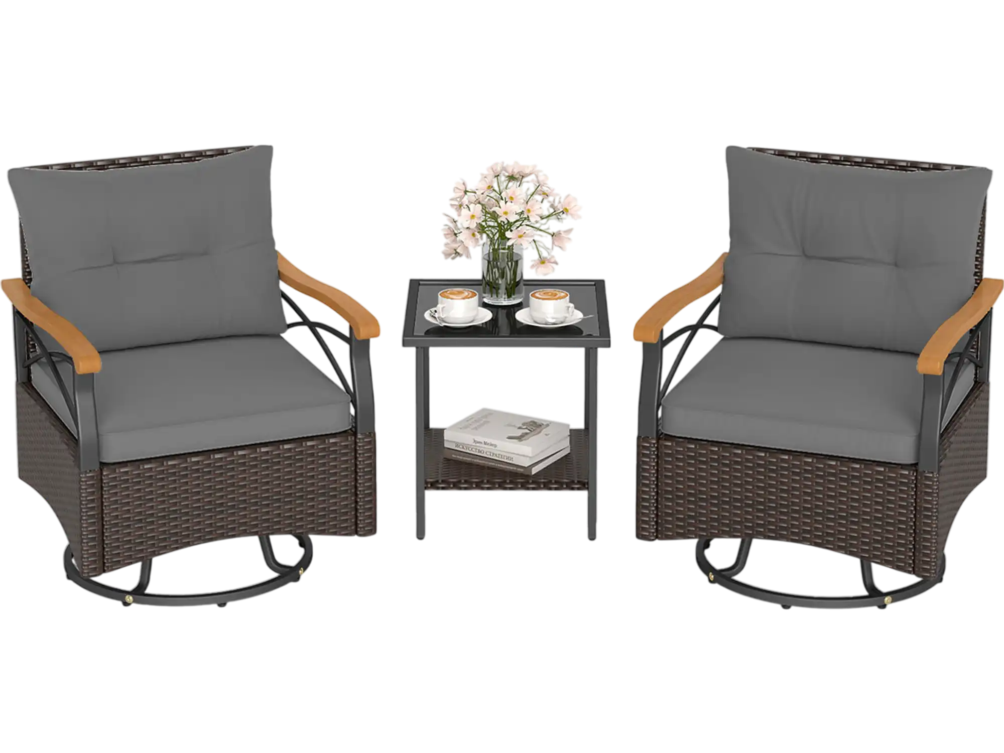 Costway 3-Pc Outdoor Swivel Chair Set w/ Tempered Glass Side Table 249167853 New