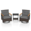 Gray swivel chair set with soft cushions and acacia wood armrests, ideal for comfortable outdoor lounging.