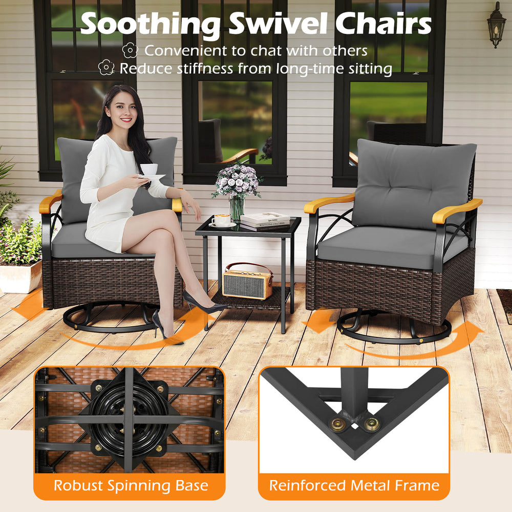 Gray outdoor swivel chair set featuring PE rattan, soft cushions, and a tempered glass side table for backyard.