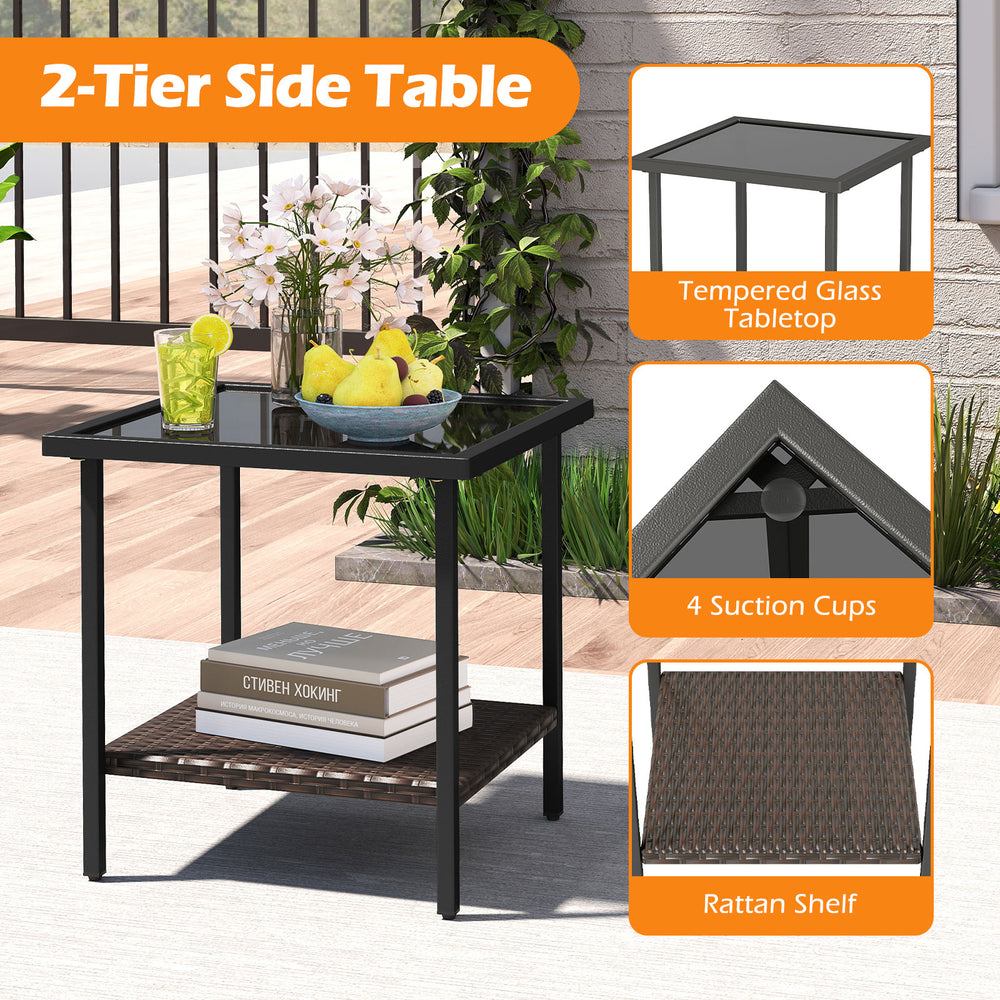 2-tier side table with tempered glass top and rattan shelf, ideal for outdoor use in backyard or poolside settings.