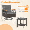 Gray outdoor swivel chair with acacia wood armrests and tempered glass side table, ideal for backyard relaxation.
