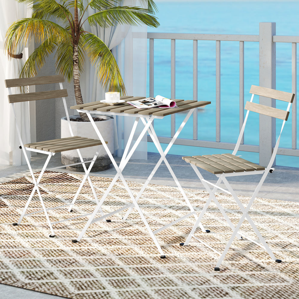 3-piece patio bistro set featuring gray acacia wood tabletop and slatted chairs, perfect for outdoor relaxation.