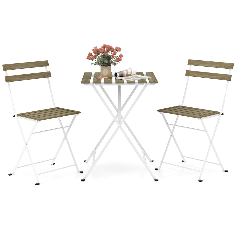 Folding chair with gray acacia wood slatted seat and strong metal frame, ideal for compact outdoor spaces.