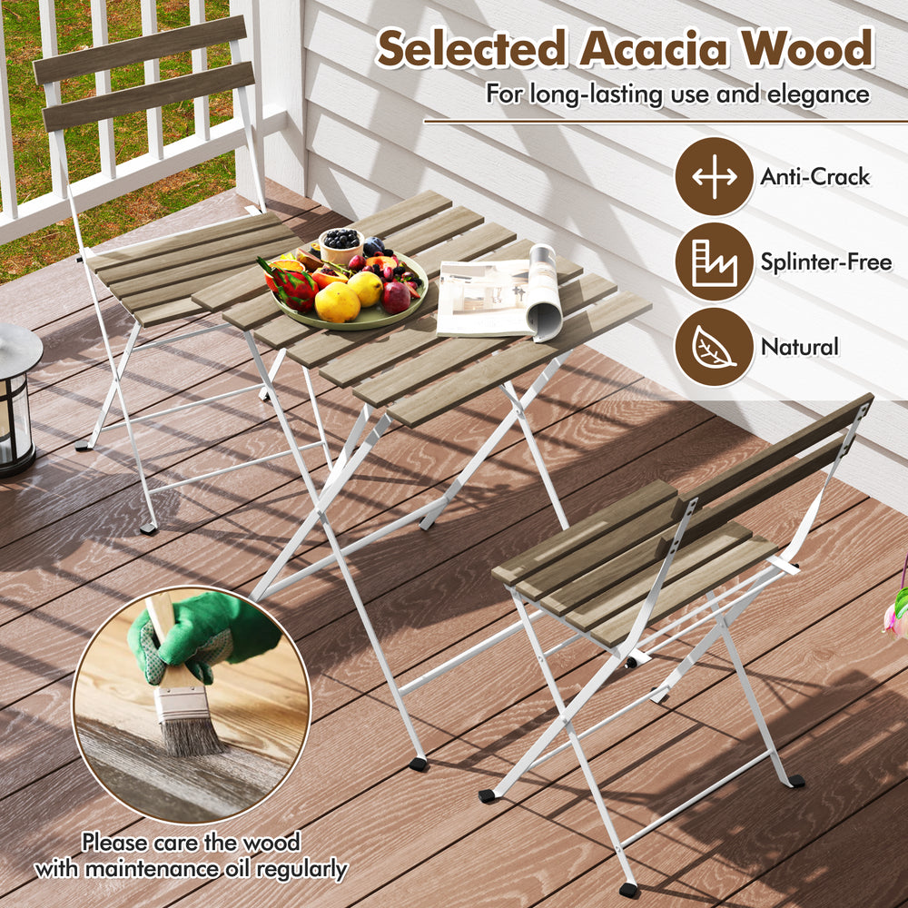 3-piece patio bistro set featuring gray acacia wood slatted seats and tabletop, perfect for outdoor dining.