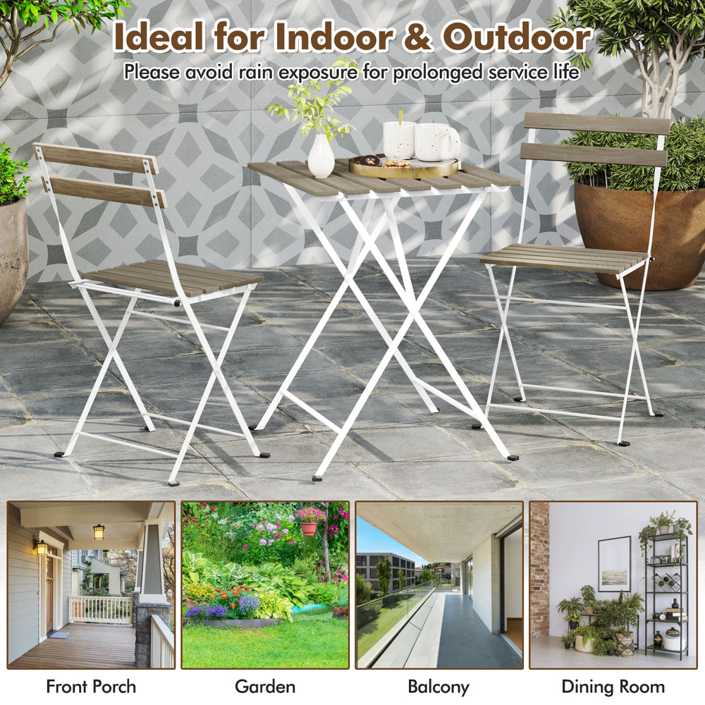 Three-piece gray patio bistro set featuring acacia wood slatted seats and tabletop, ideal for indoor and outdoor use.