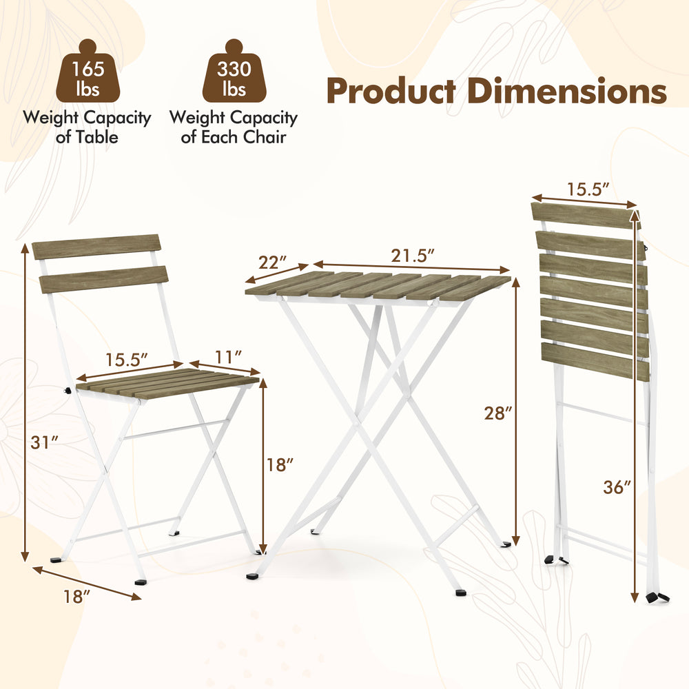 3-piece patio bistro set featuring acacia wood tabletop and slatted chairs, ideal for outdoor dining and relaxation.