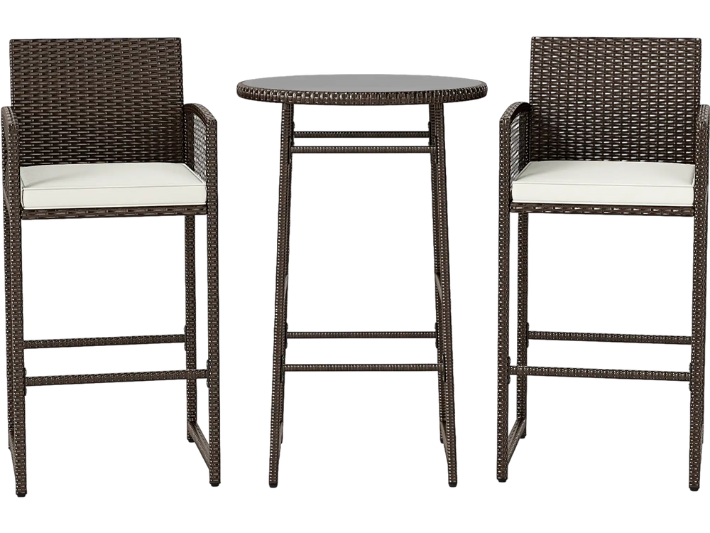 3-piece patio bar set featuring wicker armchairs with cushions and a tempered glass table, perfect for outdoor.