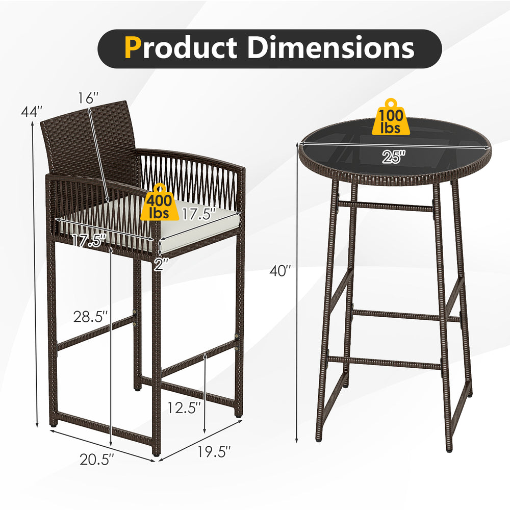 Bar height table and armchairs from the 3 Piece Patio Bar Set, featuring durable PE wicker and soft cushions for.