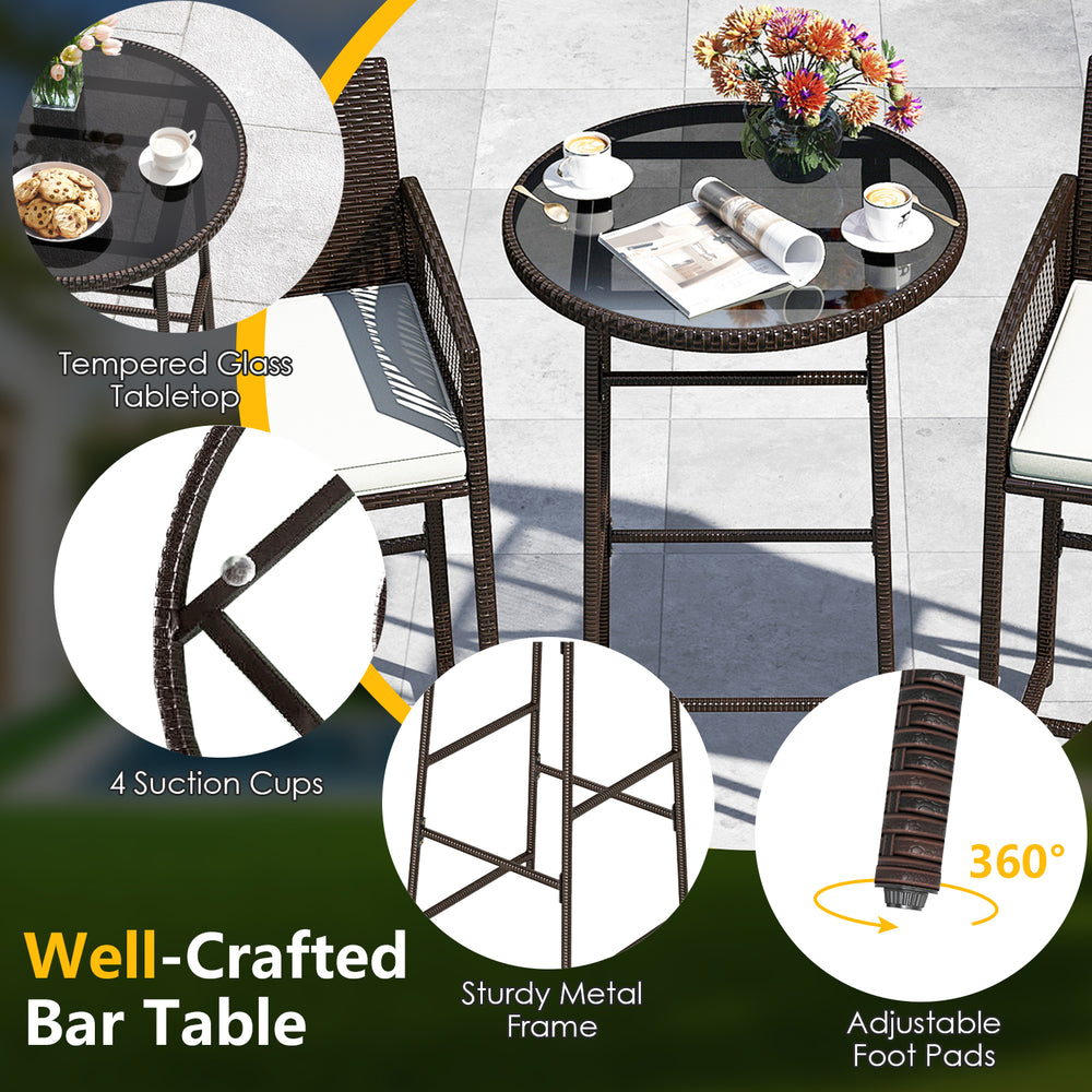 Round bar table with tempered glass top and sturdy metal frame, featuring adjustable foot pads for outdoor use.
