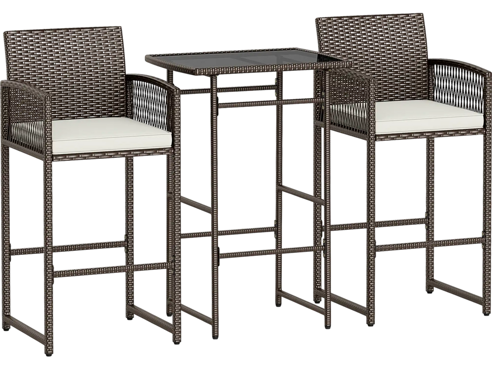 3 piece patio bar set featuring wicker bar height table and two armchairs with white seat cushions for outdoor.