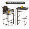Bar height table and armchair dimensions for the 3 Piece Patio Bar Set, featuring PE wicker and soft seat cushions.
