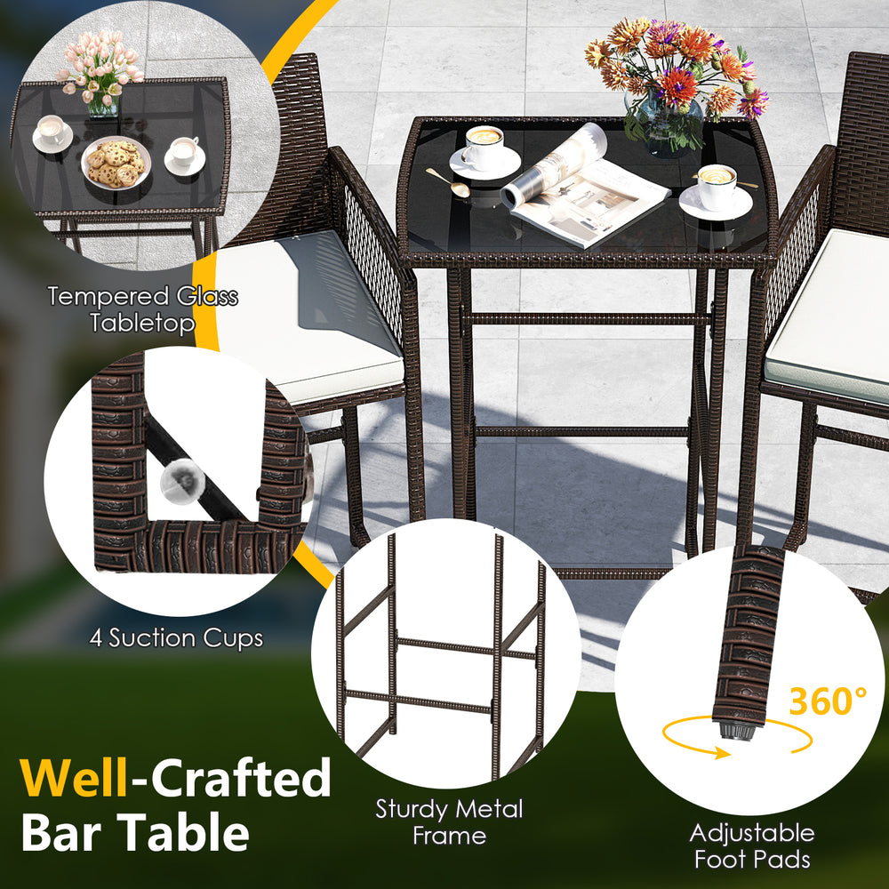 Bar height table with tempered glass top, sturdy metal frame, and adjustable foot pads, perfect for outdoor relaxation.