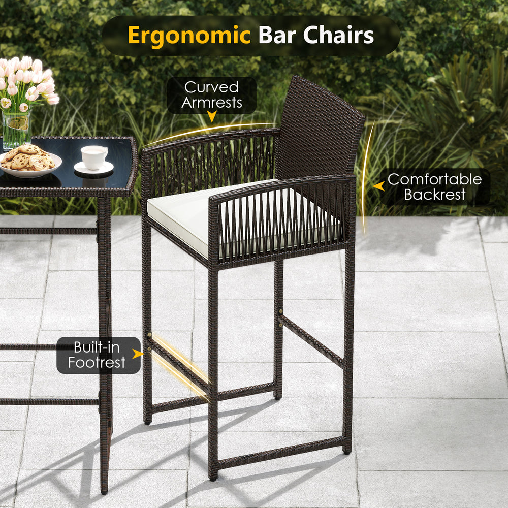 Ergonomic bar chair with curved armrests, comfortable backrest, and soft cushion, perfect for outdoor patio relaxation.