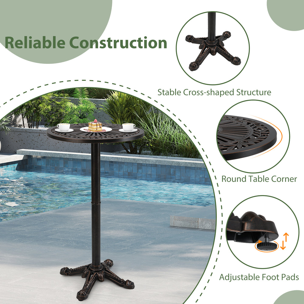 Round high top table with stable cross-shaped structure and adjustable foot pads, perfect for outdoor patio use.