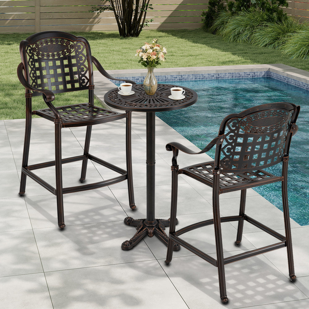 Patio bar set featuring a round high top table and two counter height stools, crafted from robust cast aluminum for.