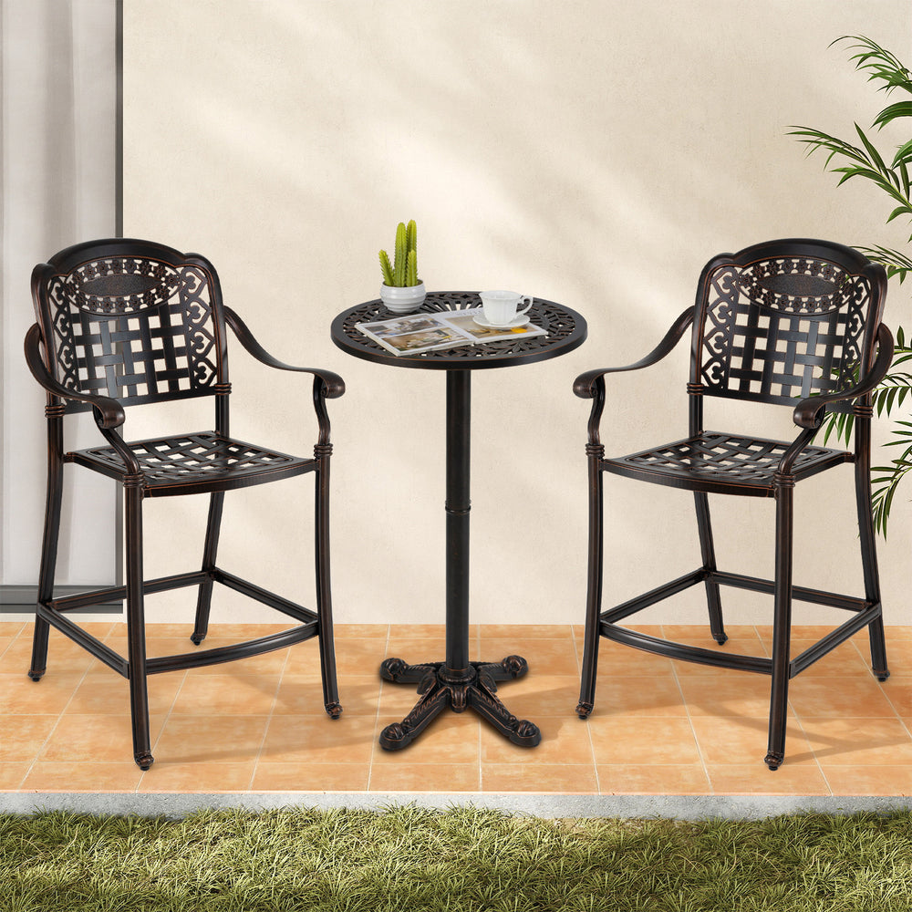 3-piece patio bar set featuring a round high top table and 2 counter height bar stools in robust cast aluminum for.
