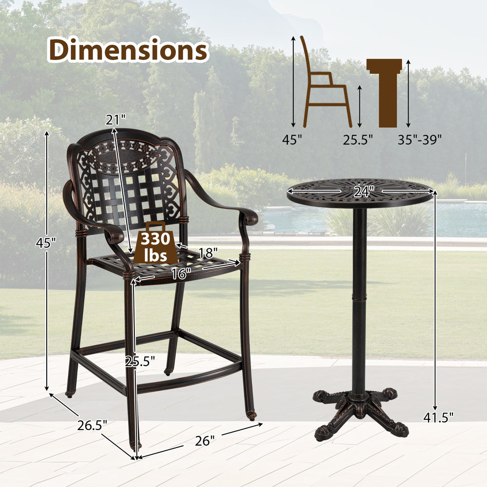 Counter height bar stool and round table from a 3-piece patio set, featuring cast aluminum for outdoor use.