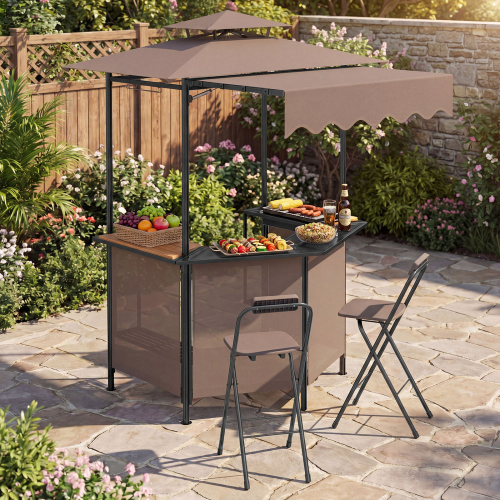 3-piece patio bar set featuring a brown gazebo, heat-resistant tabletop, and two folding bar stools for outdoor.