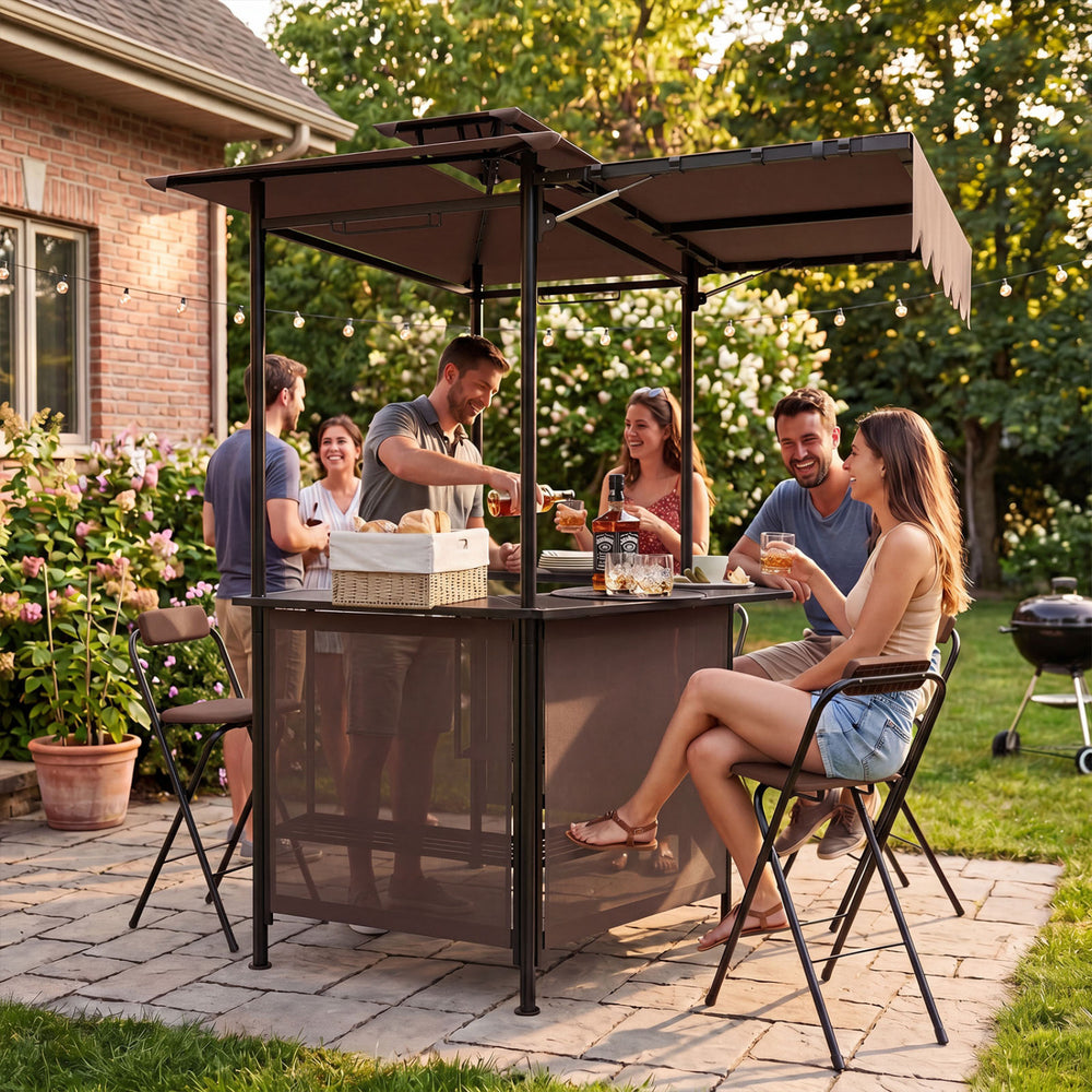 3-Piece Patio Bar Set Outdoor Grill Gazebo and 2 Folding Bar Stools-Brown - Gallery View 1 of 12