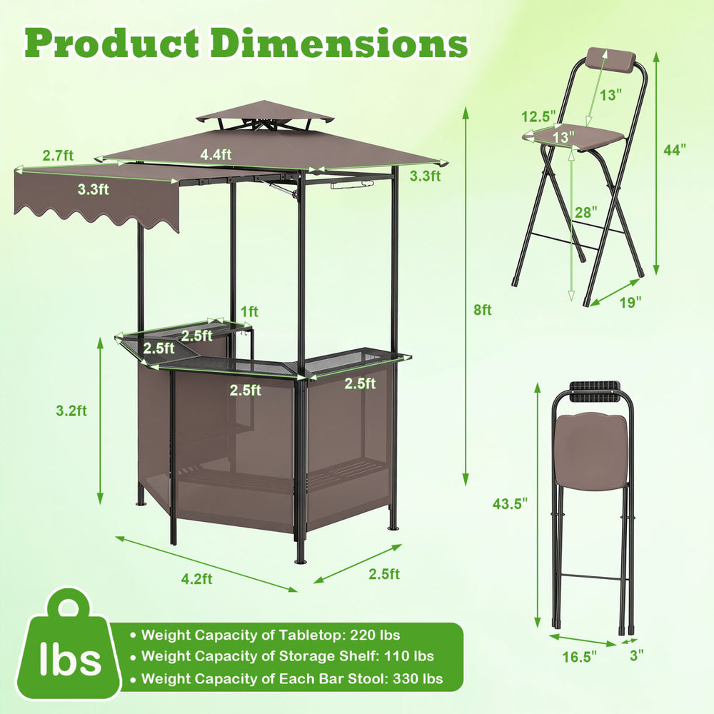 3-piece patio bar set featuring a heat-resistant tabletop, two folding bar stools, and a double-tier vented roof for.