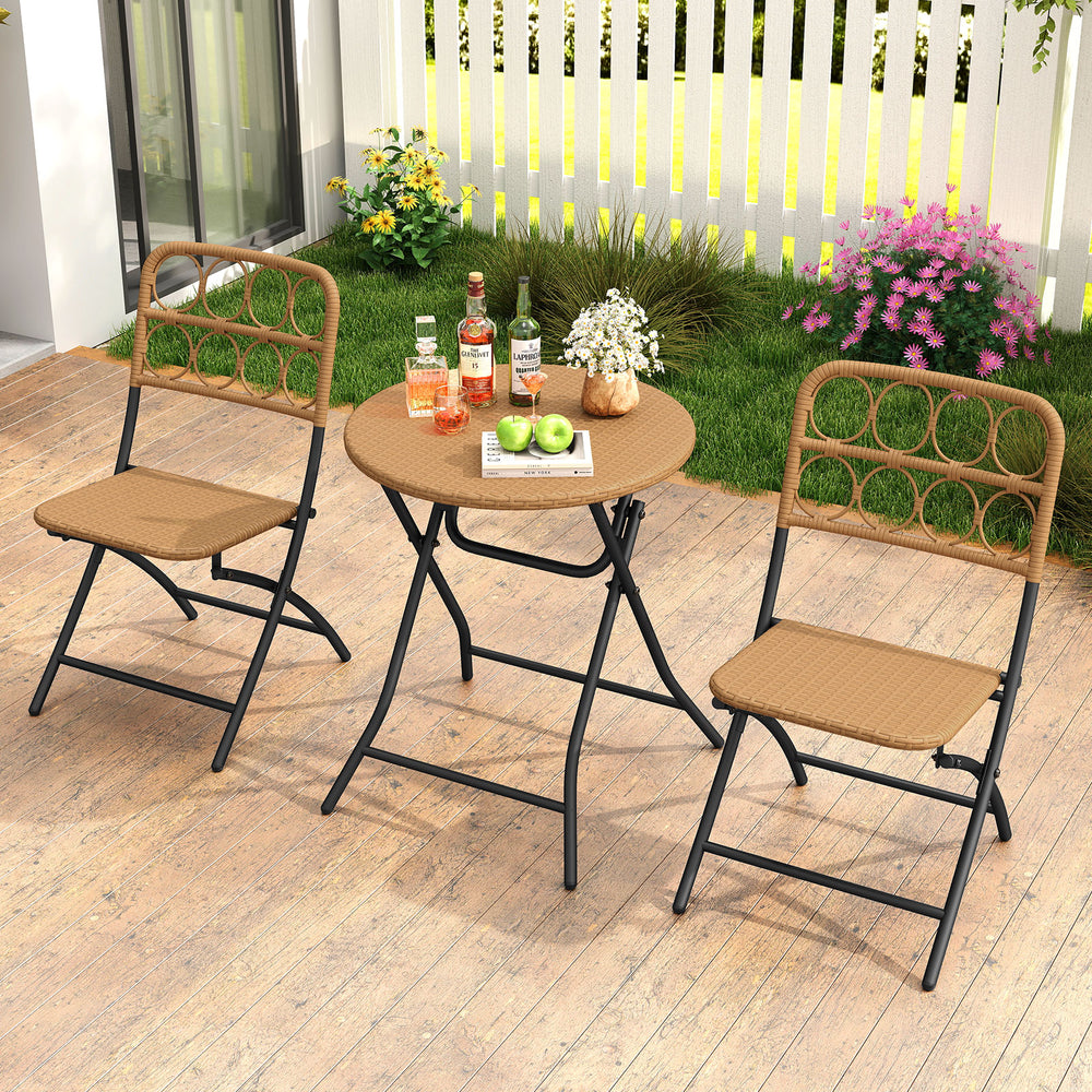 Folding chair featuring a stylish wicker seat and ergonomic backrest, ideal for cozy outdoor dining and relaxation.