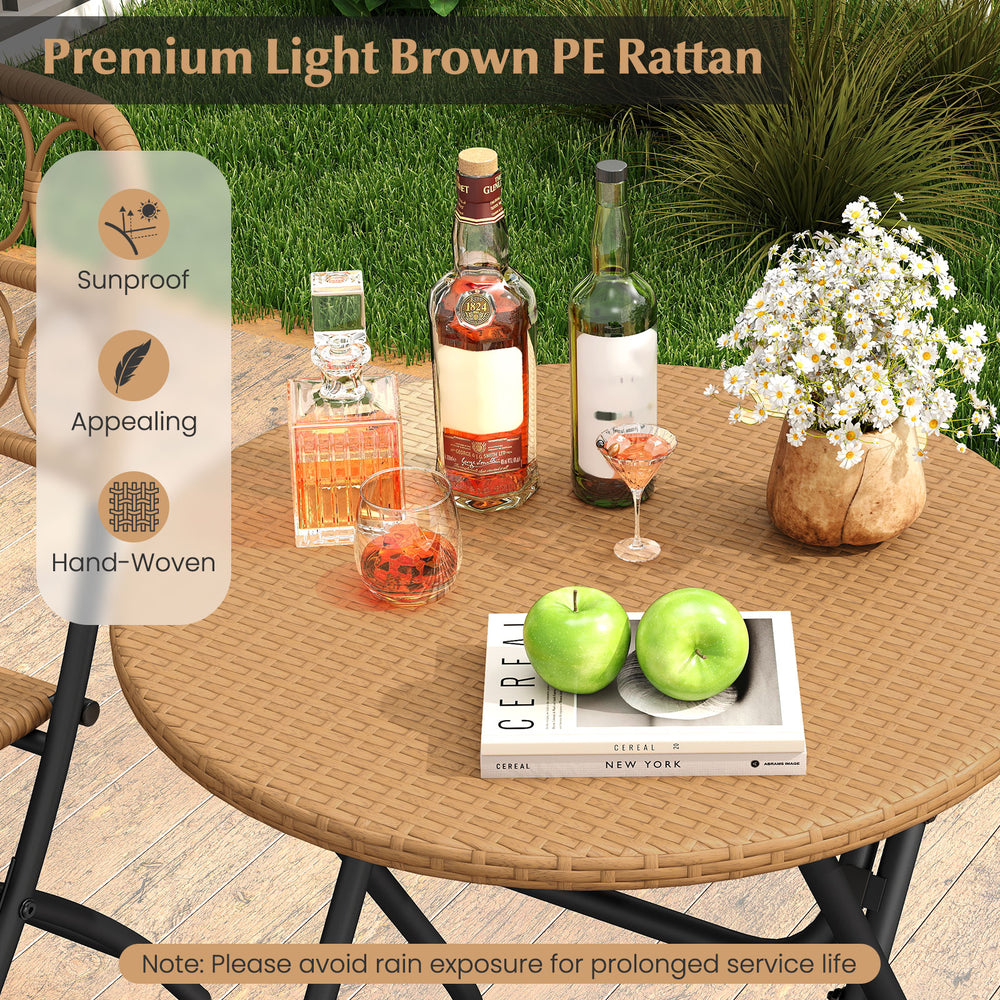 Folding round table from a 3-piece patio bistro set, featuring handwoven light brown PE rattan for outdoor use.