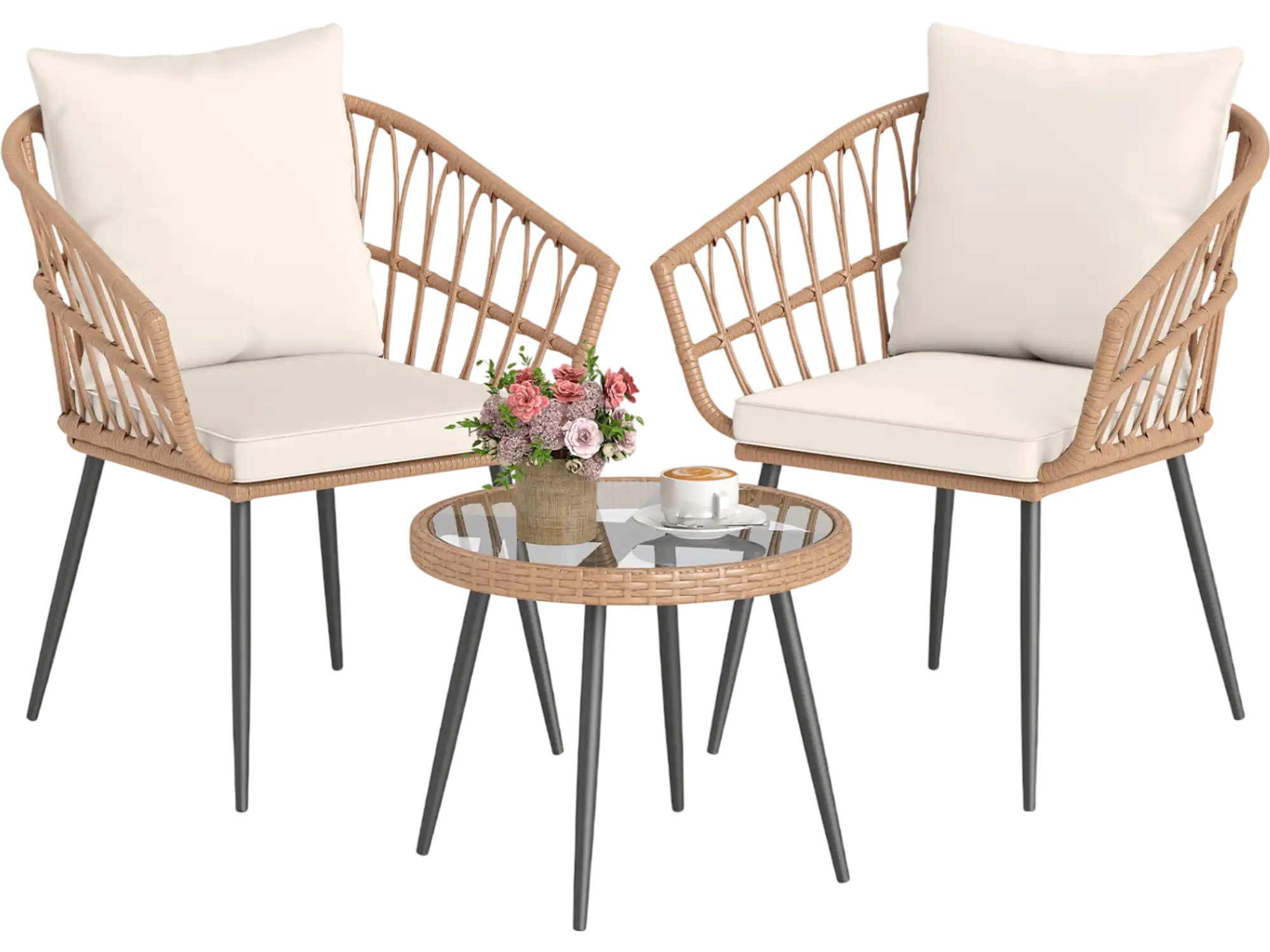 Costway 3 Piece Patio Bistro Set PE Rattan Wicker Chairs Tempered Glass Coffee Table 53846759 New