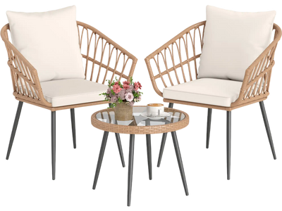 Costway 3 Piece Patio Bistro Set PE Rattan Wicker Chairs Tempered Glass Coffee Table 53846759 New