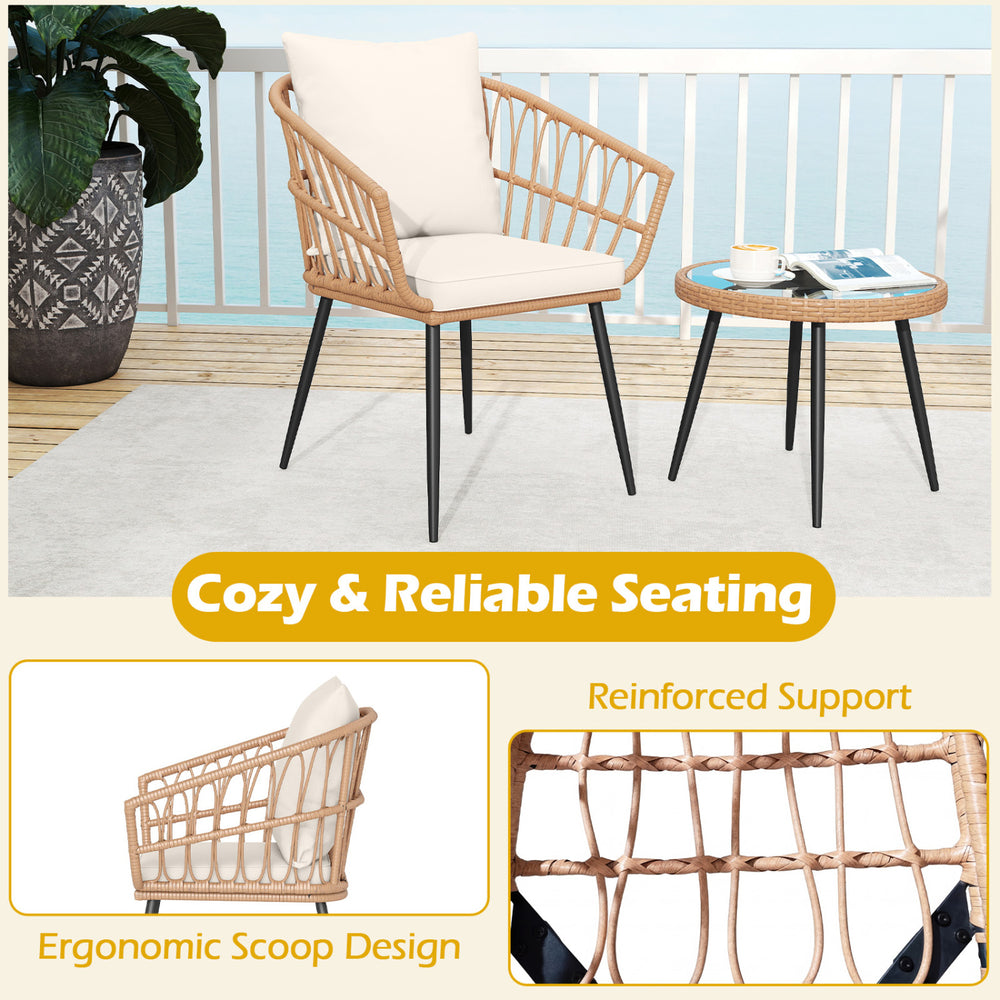 Natural PE rattan wicker chair and tempered glass coffee table set, perfect for cozy outdoor patio seating.
