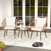 Three-piece patio bistro set featuring PE rattan wicker chairs and a tempered glass coffee table for outdoor relaxation.