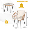 Natural rattan chair and tempered glass table dimensions, featuring durable construction for outdoor patio use.