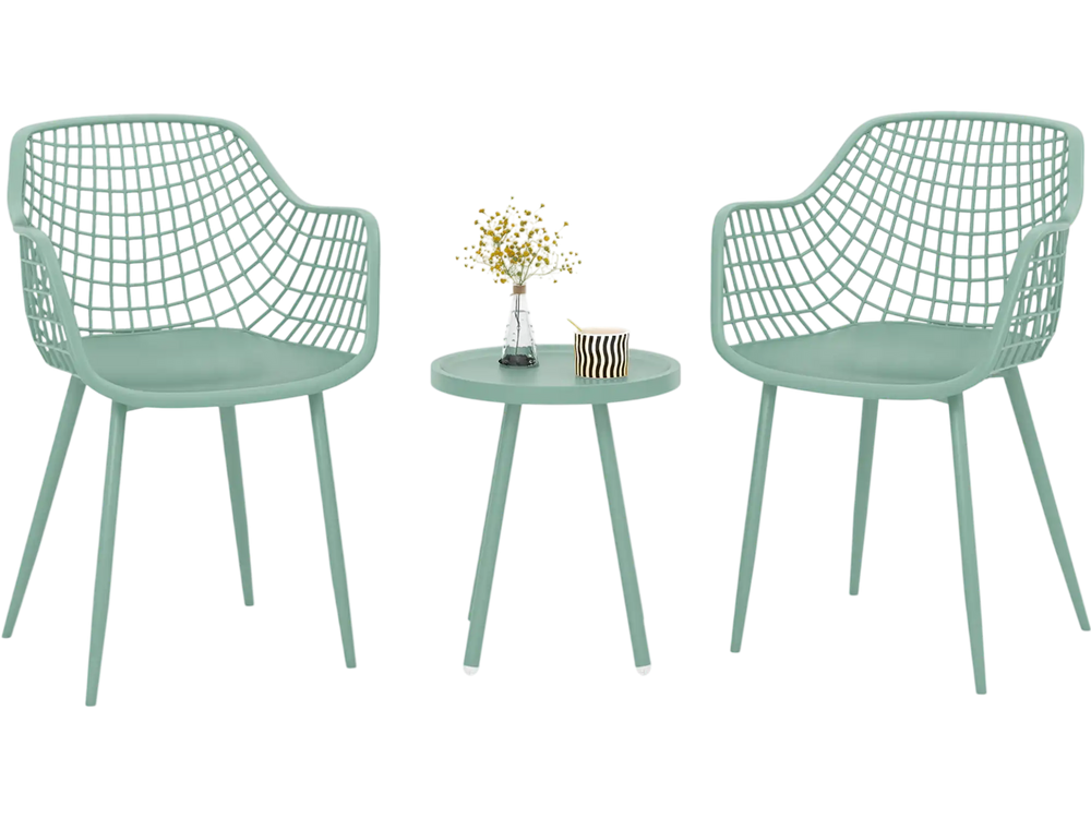 Two green patio chairs with a matching table, featuring PP seats and a concave tabletop, perfect for outdoor relaxation.